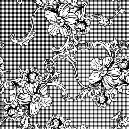 Eclectic fabric plaid seamless pattern with baroque ornament.
