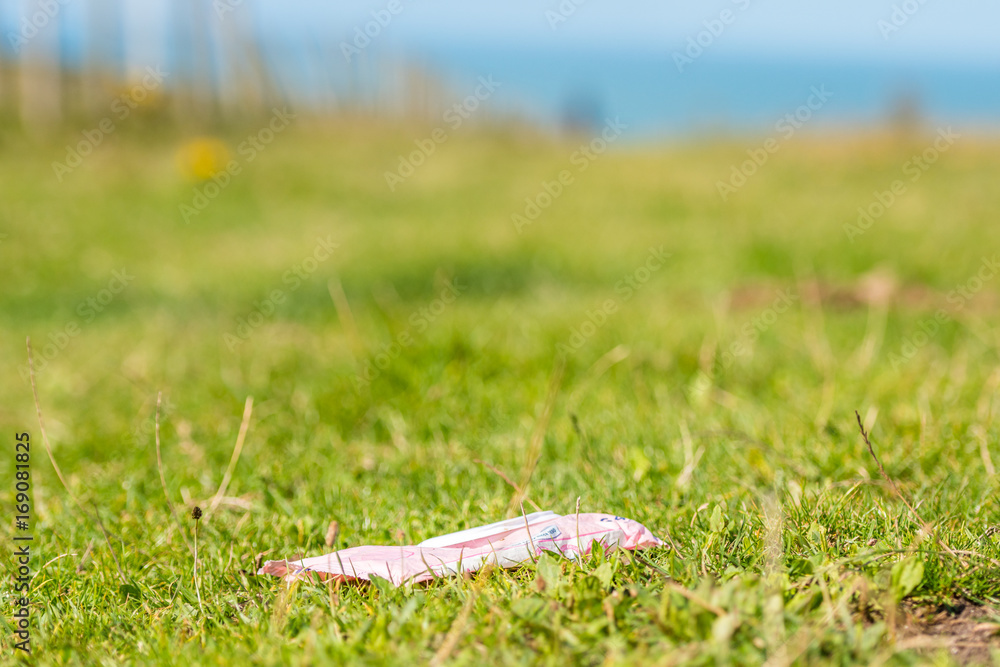 Plastic product packaging littering a green field in the countryside, Plastic product packaging littering a green field in the countryside,
