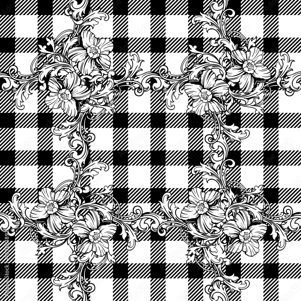 Obraz premium Eclectic fabric plaid seamless pattern with baroque ornament.
