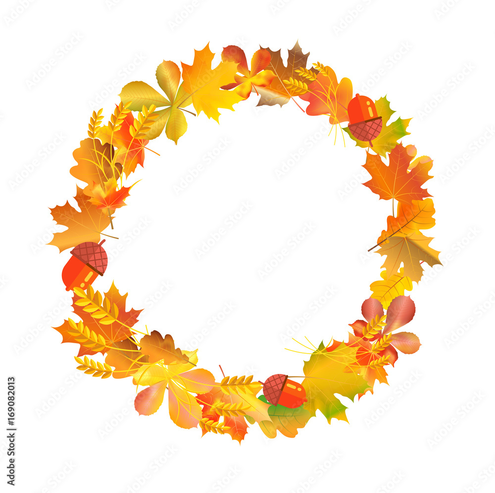 Wreath circle frame made of autumn leaves, wheat and acorns. Fall ...