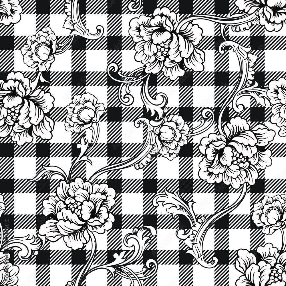 Fototapeta premium Eclectic fabric plaid seamless pattern with baroque ornament.