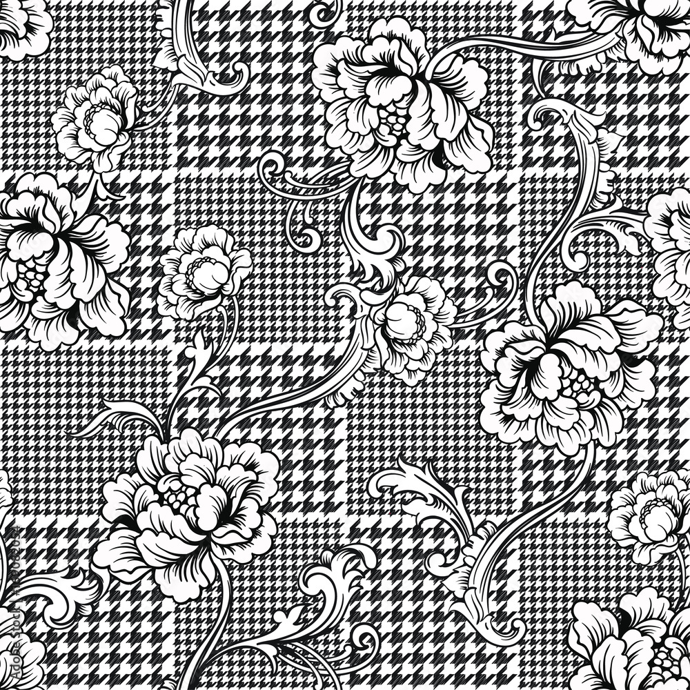 Obraz premium Eclectic fabric plaid seamless pattern with baroque ornament.
