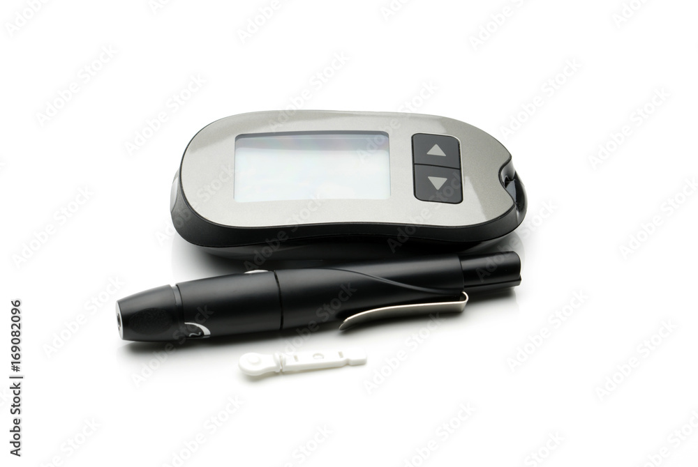 Medical equipment for measuring the level of blood glucose with lancing pen device on white background with copy space Medical equipment for measuring the level of blood glucose with lancing pen device on white background with copy space
