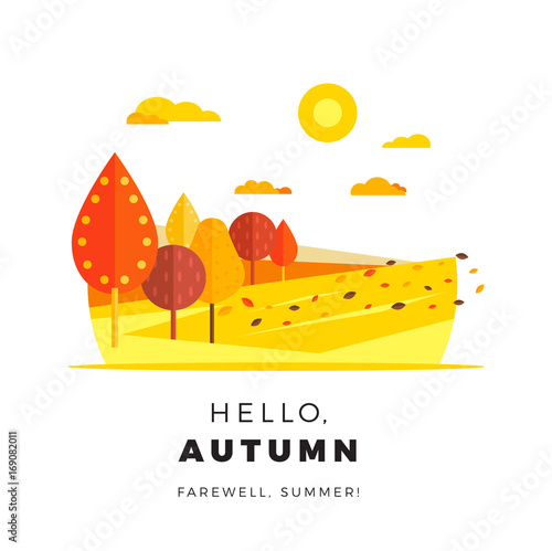 Hello autumn promotion web banner with greeting text. Promo fall season discount layout with rural landscape. Vector seasonal discount template design.