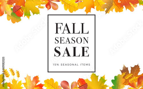 Sale promotion web banner with autumn background. Promo fall season discount layout with floral ornament. Vector seasonal discount template design.