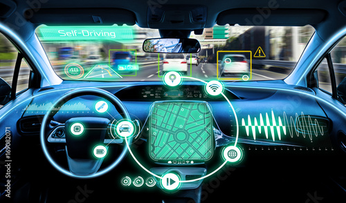 cockpit of autonomous car. self driving vehicle. driverless car. © metamorworks