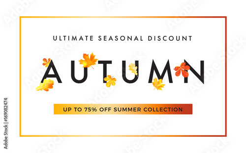 Sale promotion web banner with luxury autumn background. Promo fall season discount layout with fashionable golden leaves elements. Vector seasonal discount template design.