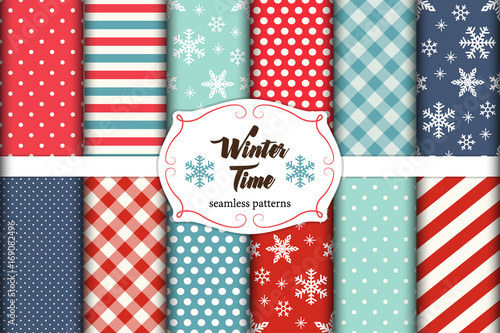 Set of 12 cute seamless Winter Time patterns with traditional ornaments