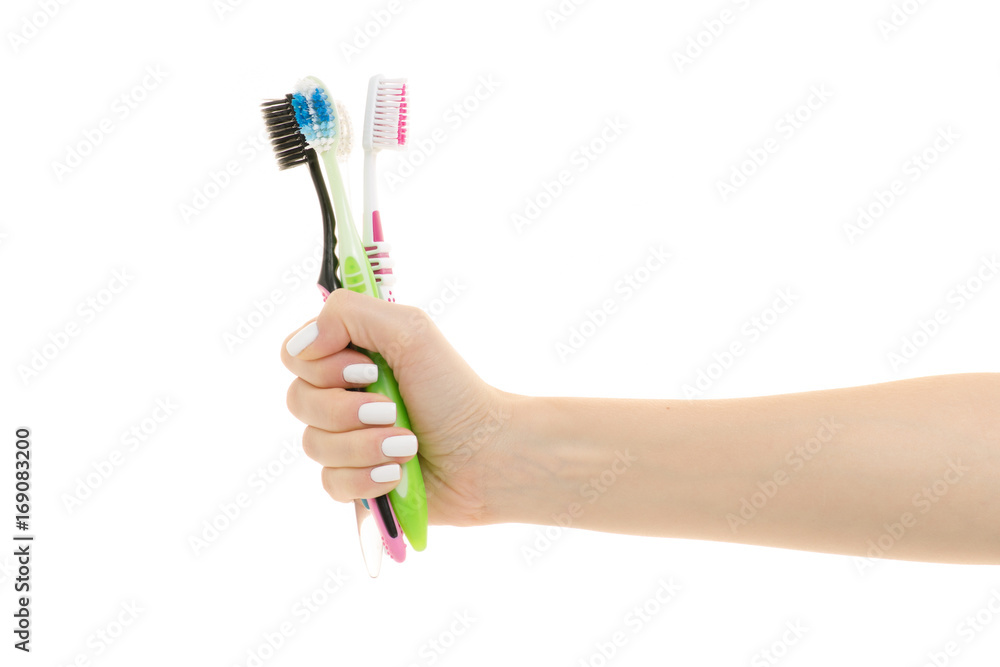 Female hands with toothbrushes for the whole family Female hands with toothbrushes for the whole family