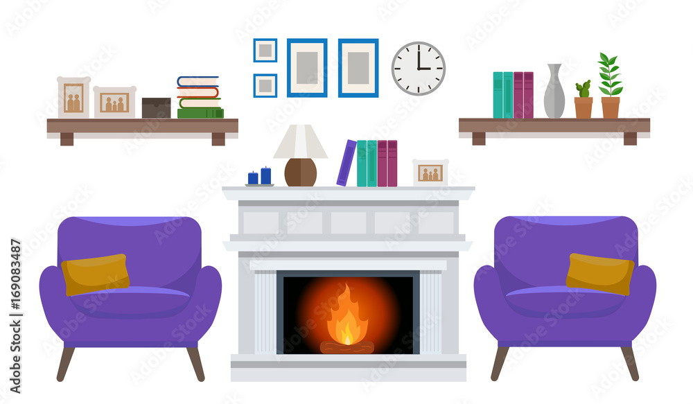 Fototapeta premium Cozy interior of an elegant living room with two armchair, a fireplace, and various decorations. Flat style vector design template