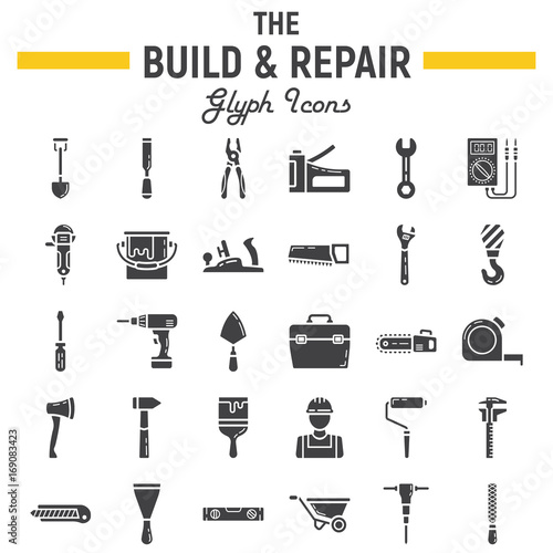 Build and Repair glyph icon set, construction symbols collection, vector sketches, logo illustrations, tools signs solid pictograms package isolated on white background, eps 10.
