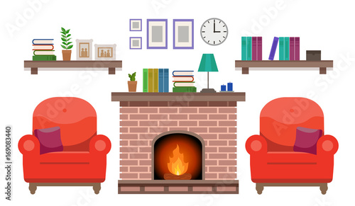 Cozy interior of an elegant living room with two armchair, a fireplace, and various decorations. Flat style vector design template