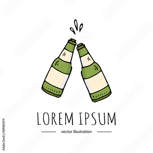 Hand drawn doodle two glass beer bottles icon with splashes. Vector illustration. Cartoon Craft Beer production symbol. Sketchy brewing element for pub equipment, beer bar isolated on white background