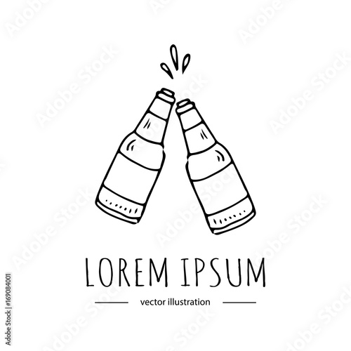 Hand drawn doodle two glass beer bottles icon with splashes. Vector illustration. Cartoon Craft Beer production symbol. Sketchy brewing element for pub equipment, beer bar isolated on white background