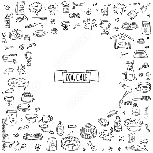 Hand drawn doodle Dog care icons set. Vector illustration. Vet symbol collection. Cartoon cat care elements: kennel, leash, food, paw, bowl, bone and other goods for pet shop, hotel