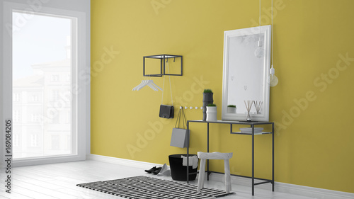 Scandinavian entrance lobby hall with table  stool  carpet and mirror  minimalist white and yellow interior design