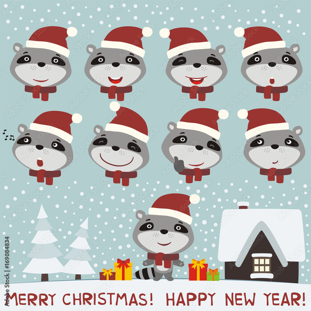 Merry christmas and Happy new year! Set face raccoon for christmas and new year design. Collection isolated heads of raccoon in cartoon style.