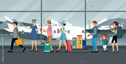 Air hostess inspecting plane tickets from passengers carrying luggage.