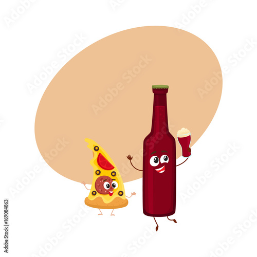 Funny beer bottle and yummy pizza slice characters having fun, cartoon vector illustration with space for text. Funny smiling beer bottle and pizza, fast food restaurant, good company