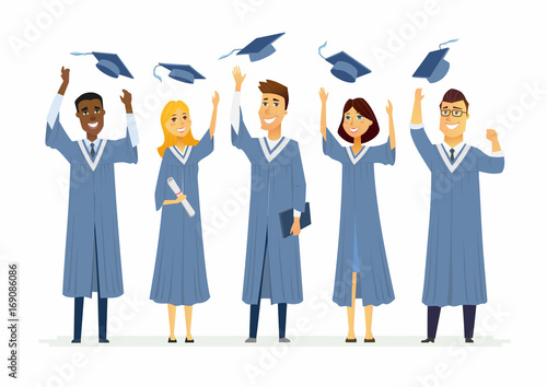 Happy graduating students - cartoon people characters isolated illustration