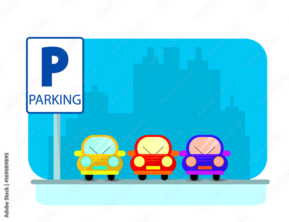 Naklejka premium Parking concept with red Car in flat style over city silhouette. Flat Illustration