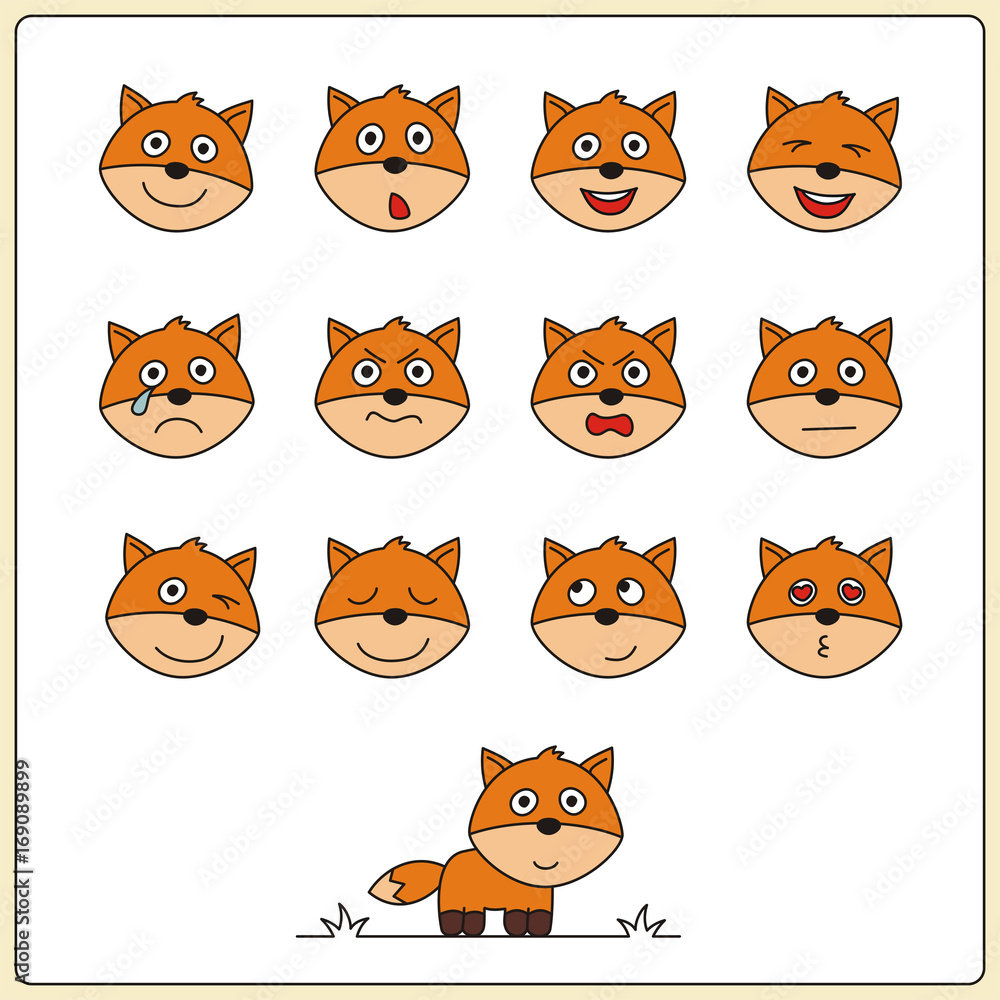 Set face funny fox in cartoon style. Collection isolated heads of fox on white background.