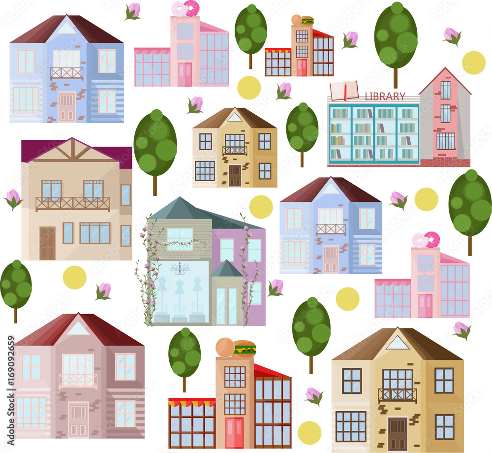 Buildings and green trees Pattern background Vector