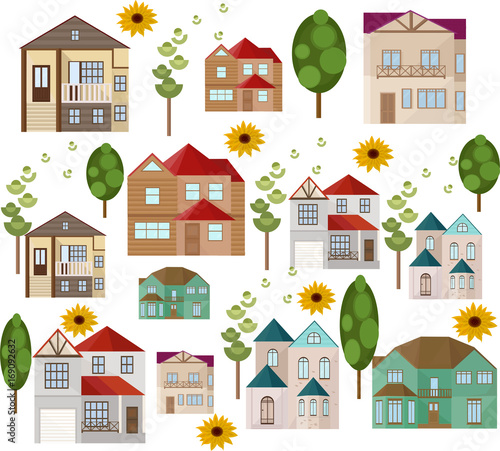 Buildings and green trees Pattern background Vector