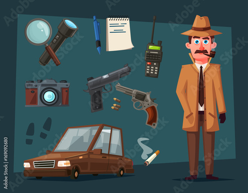 Funny detective character. Cartoon vector illustration