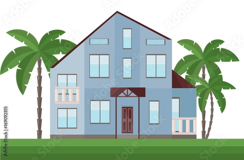 Beautiful blue house architecture facade and palm trees Vector illustration