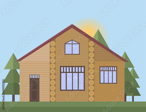 Wood house facade in the forrest. Vector illustration sunset background