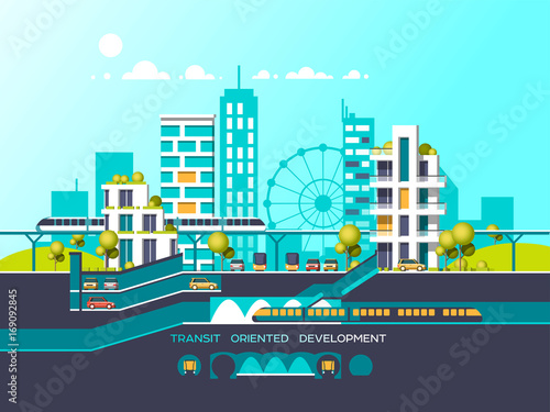 Flat illustration with city landscape. Transport mobility and smart city. Traffic info graphics design elements with transport, including plane, bus, metro, train, cars.