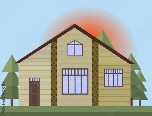 Beige painted Wooden house facade in the forrest. Vector illustration sunset ...
