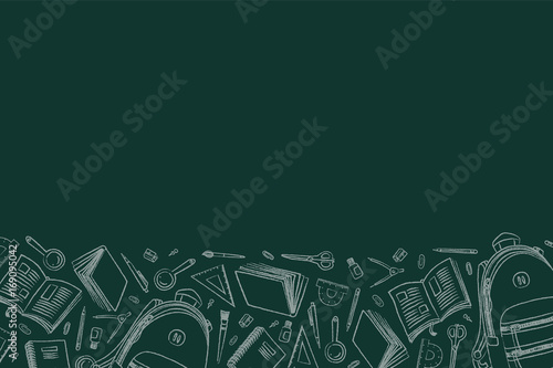 Back to school doodles in chalkboard background. Outline style. Back to school thin line vector doodle illustration template. Sketchy vector concepts with stationery for graphic design, web banner and