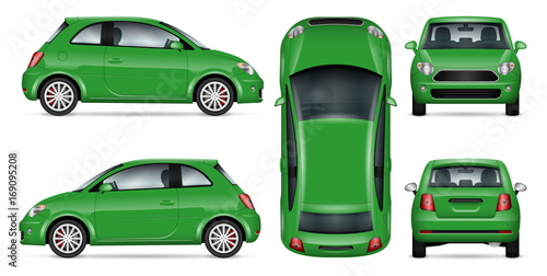 Green mini car vector mock-up for car branding and advertising. Isolated minicar set on white. All layers and groups well organized for easy editing and recolor. View from side, front, back, top
