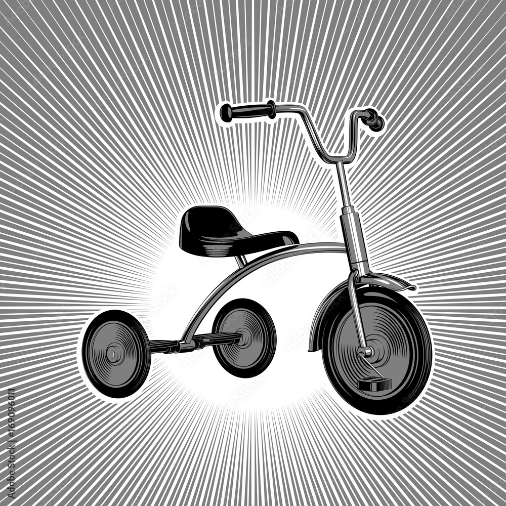 Трехколесный детский велосипед. Стилизованный винтажный векторный  черно-белый рисунок на фоне лучей. Stock Vector | Adobe Stock