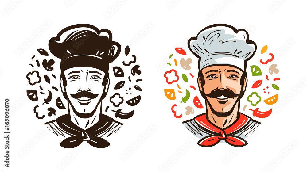 Portrait of happy chef, cook. Cuisine, cooking logo or label. Cartoon vector illustration Portrait of happy chef, cook. Cuisine, cooking logo or label. Cartoon vector illustration