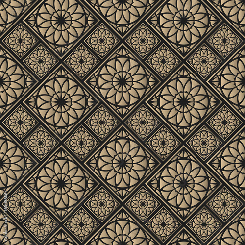 Seamless pattern oriental ornament. Black and golden textile print. Islamic vector design. Floral tiles.