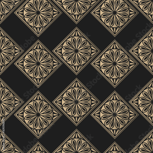 Seamless pattern oriental ornament. Black and golden textile print. Islamic vector design. Floral tiles.