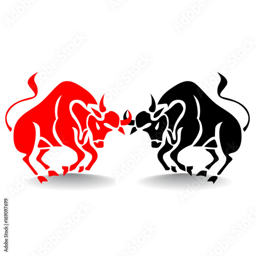 Silhouette of two bulls fighting (red and black), stock market metaphor, on white background.