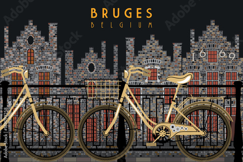 Two bikes on the background of old houses in Bruges, Belgium. Handmade drawing vector. All buildings - customizable different objects. Vintage style