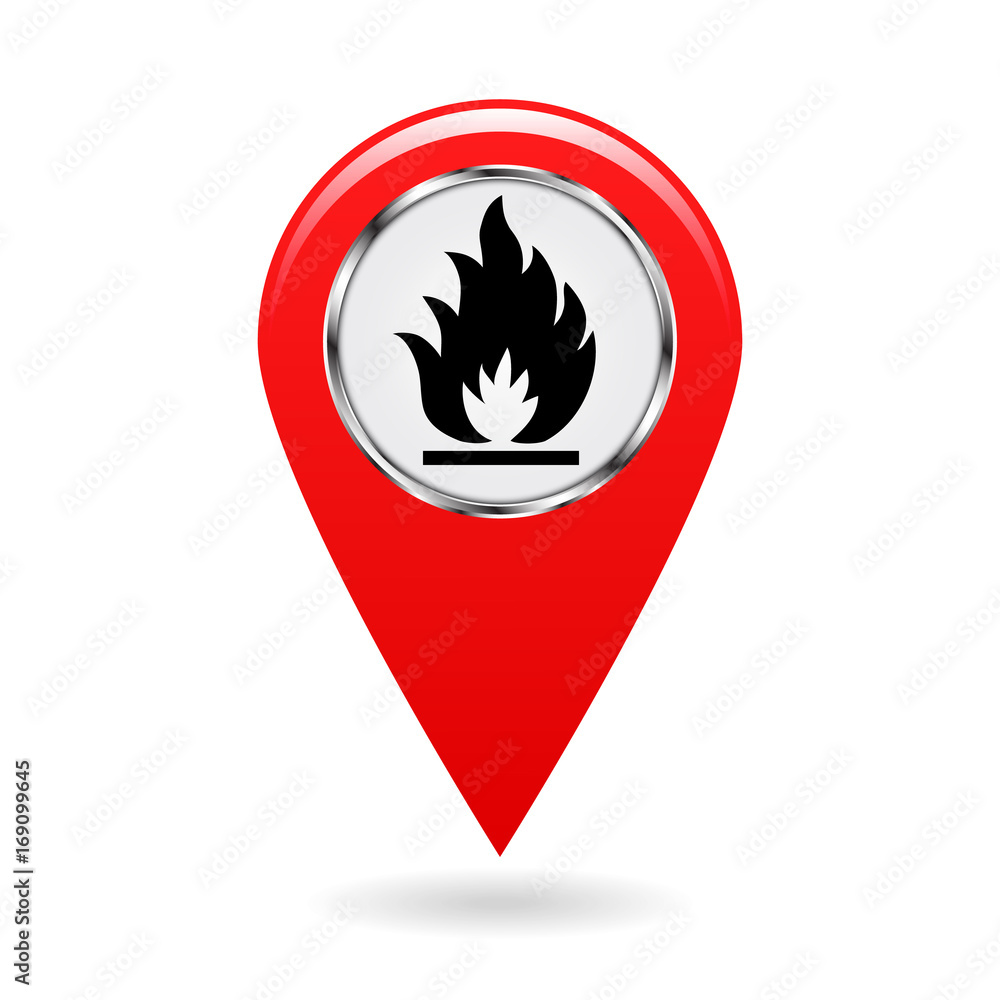 Map pointer. Index of flammable substances in the area map. Safety symbol. The red object on a white background. Vector illustration. Map pointer. Index of flammable substances in the area map. Safety symbol. The red object on a white background. Vector illustration.