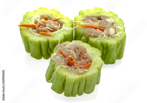 Stuffed minced pork with sliced bitter cucumber, stuffed bitter cucumber with seasoned minced pork soup