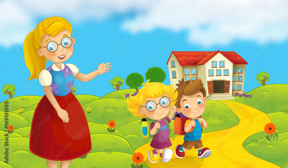 Cartoon nature scene with children on the trip to school - illustration for children Cartoon nature scene with children on the trip to school - illustration for children