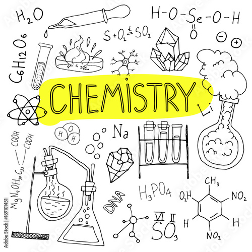 Chemistry hand drawn background. Set of science doodles. Back to school illustration.