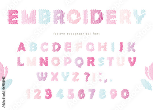 Embroidery font design in pastel colors. Isolated on white.