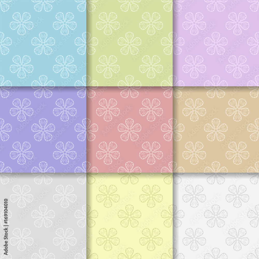 Set of floral colored seamless patterns. Multi colored backgrounds