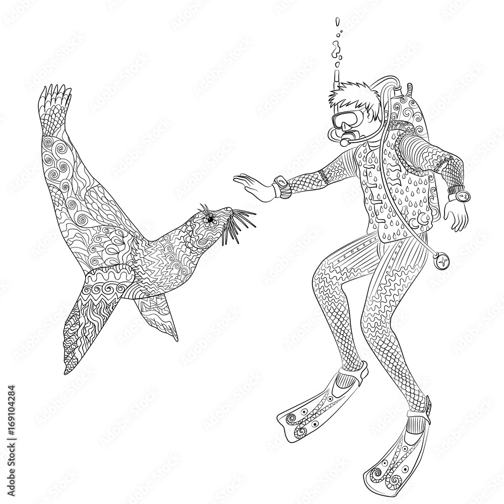 Fototapeta premium Underwater diver in zentangle style.
