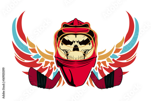 The emblem of hockey. the skull in the mask hockey player with wings. white background.
