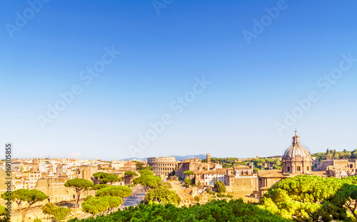 Rome cityscape with forum Romano and Colosseum.